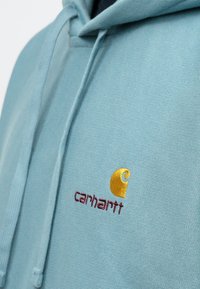 Sweatshirt din bumbac de culoare albastru deschis cu o suprafață texturată, având un logo Carhartt brodat în culori aurii și bordo pe piept.