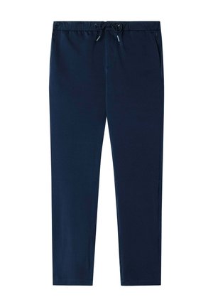 Marineblauwe casual broek met elastische tailleband en trekkoord, rechte pijpen en zijzakken.