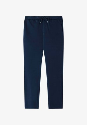 Pantalones casual azul marino con cintura elástica y cordón, corte recto y bolsillos laterales.