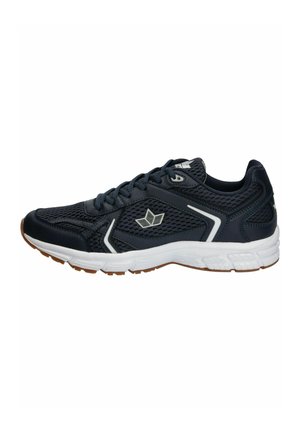 Dunkelblaue Sportschuhe aus Netzmaterial, mit weißen Akzenten und einer strukturierten Gummisohle. Sie verfügen über ein Schnürdesign und ein Logodetail an der Seite.