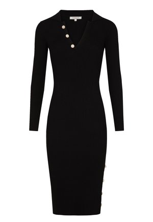 Schwarzes, geripptes Midikleid mit langen Ärmeln, V-Ausschnitt, Kragen, vier Knöpfen vorne und Knopfdetails an den Seiten. Schmale Passform.