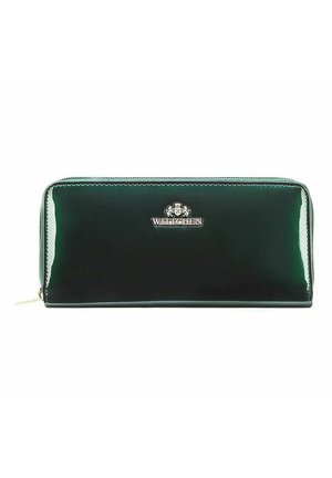 Green patent leather wallet with zip closure, featuring a silver logo accent on the front and a smooth, glossy finish.