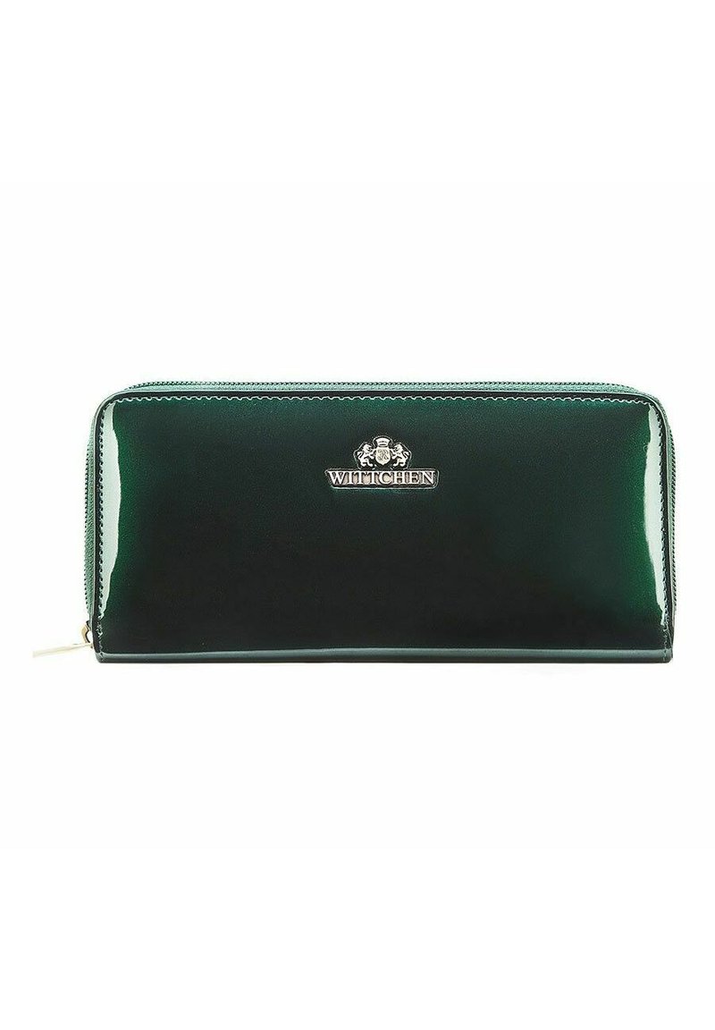 Portafoglio in pelle verniciata verde con chiusura con zip, caratterizzato da un accento con logo argentato sul davanti e una finitura liscia e lucida.