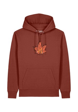 Rostfarbener Hoodie mit vorderer Kängurutasche und orangefarbenem Ahornblatt-Design in der Mitte der Brust, mit Kordelzügen an der Kapuze.