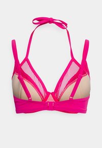 Top de biquíni rosa com design triangular, painéis laterais em rede e alças ajustáveis. Conta com um fecho de presilha nas costas. Textura suave.