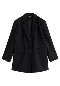 Blazer nero in tessuto liscio, con collo a risvolto, due tasche frontali e due bottoni. Vestibilità sartoriale con maniche lunghe.