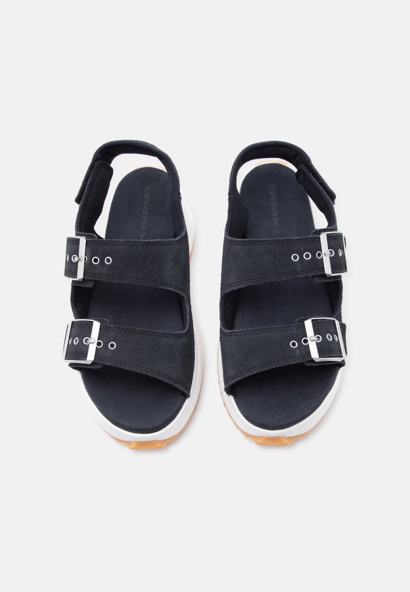 Schwarze Wildledersandalen mit jeweils zwei verstellbaren silbernen Schnallen und weißen dicken Sohlen, von oben auf hellem Hintergrund betrachtet.