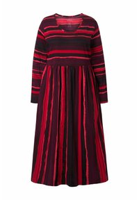 Langarmkleid aus elastischem Stoff, mit horizontalen Streifen in Rot und Dunkelpurpur, einem ausgestellten Rock und rundem Ausschnitt.