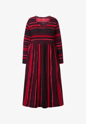Langarmkleid aus elastischem Stoff, mit horizontalen Streifen in Rot und Dunkelpurpur, einem ausgestellten Rock und rundem Ausschnitt.