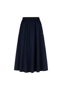 Marineblaue Midi-Rock mit einem elastischen Bund, der seitliche Taschen und ein kleines dekoratives Logo-Detail an der Seite aufweist. Aus glattem, leichtem Material.