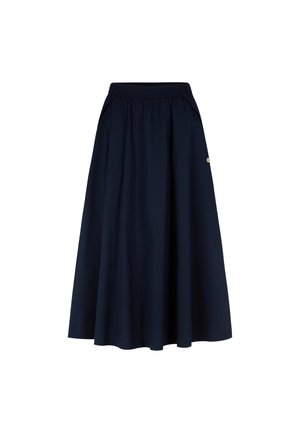 Marineblaue Midi-Rock mit einem elastischen Bund, der seitliche Taschen und ein kleines dekoratives Logo-Detail an der Seite aufweist. Aus glattem, leichtem Material.