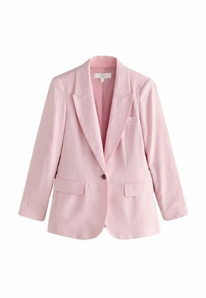 Lichtroze linnen blazer met één knoop, notch-revers, twee klepzakken en een borstzak, weergegeven tegen een witte achtergrond.