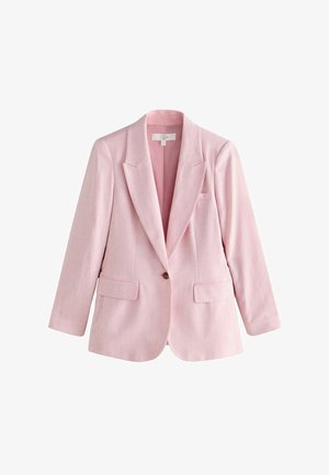 Heleroosa ühe nupuga linane bleiser sälklapiga, kahe klapiga taskuga ja rinnataskuga, valgel taustal.