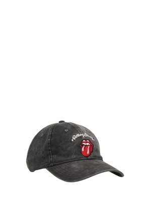 Sort baseballkasket med oprollende kanter, med en rød tunge-logo og "Rolling Stones" tekstbroderi foran.
