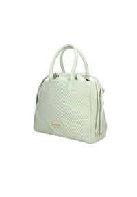 Borsa a tracolla verde con texture in pelle, dotata di due manici, chiusura con cordoncino e un sottile logo dorato sul fronte.