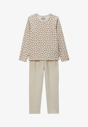 Ensemble de pyjama beige comprenant un haut à manches longues avec de petits motifs en forme de cœur éparpillés en marron, assorti à un pantalon de pyjama beige uni. Matière douce.