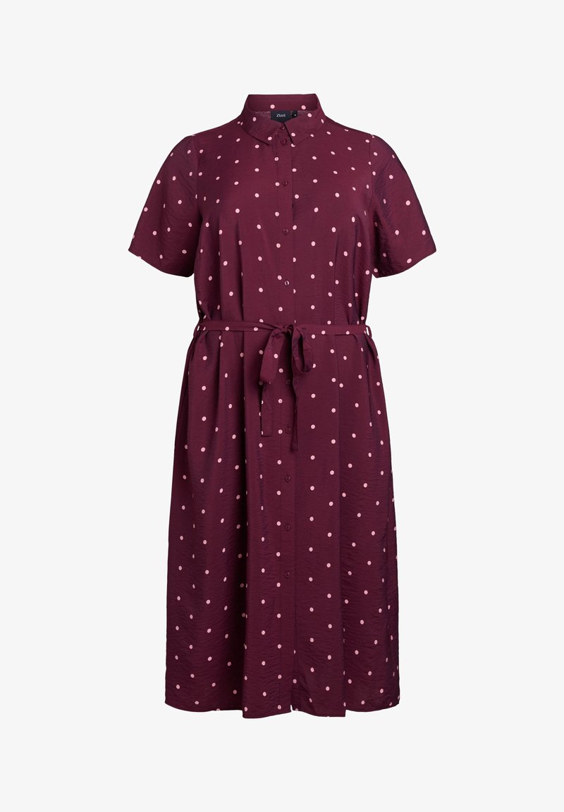 Bordeauxfarbenes Hemdkleid mit kurzen Ärmeln, rosa Punkten, Knopfverschluss vorne und einem gebundenen Taillengürtel. Weicher, leichter Stoff.