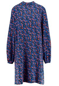 Kukallinen mekko tummansinisestä kankaasta, jossa on punaisia ja sinisiä kukkia, pitkät puffhiat, korkea kaula-aukko ja rento, väljä malli.