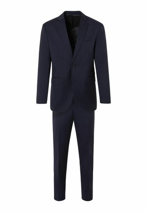 Navy two-piece suit made from smooth fabric. Jacket features lapel, single button, and two front pockets. Trousers are slim-fit.