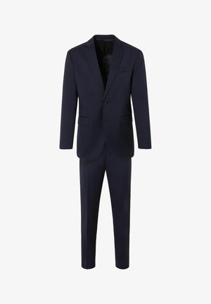 Marineblaues Zweiteiler-Anzug aus glattem Stoff. Der Blazer verfügt über einen Reverskragen, einen Knopf und zwei Fronttaschen. Die Hose hat eine schmale Passform.