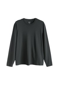 Tummanharmaa, pitkähihaisen pyöreäkauluksinen T-paita, normaali malli, koko medium, esillä litteänä valkoista taustaa vasten.