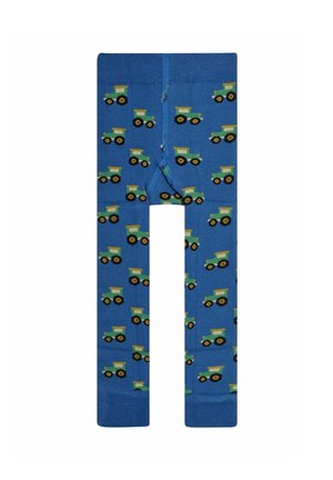 Kék leggings, zöld és sárga traktorok ismétlődő mintájával, fekete kerekekkel, puha, rugalmas anyagból.