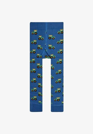 Mėlynų tampraus audinio leggingų dizainas su pasikartojančiu žalių ir geltonų traktorių raštu, turinčių juodus ratus.