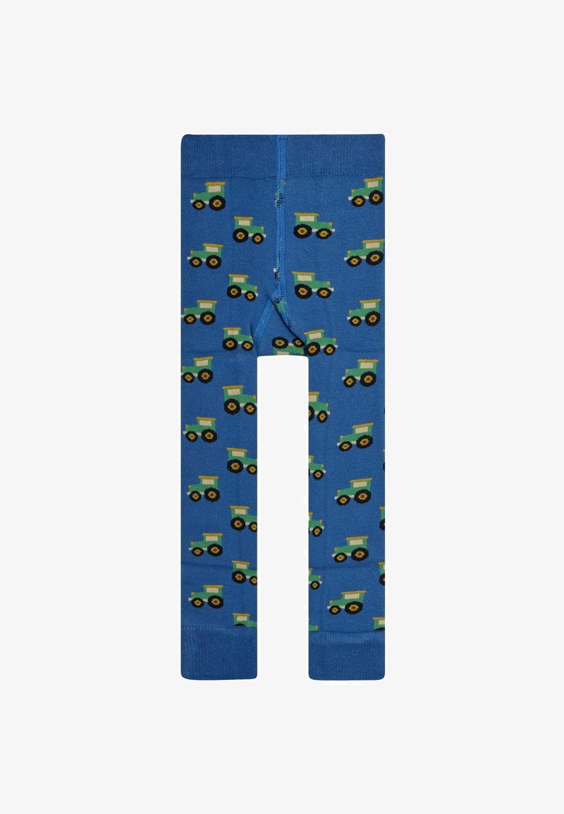 Modre legice z ponavljajočim se vzorcem zelenih in rumenih traktorjev s črnimi kolesi na mehkem, elastičnem materialu.