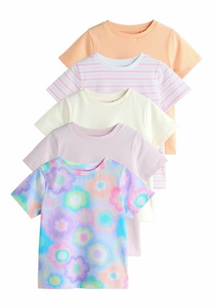 Five short-sleeve t-shirts in pastel colors. The front features a floral print, while others have solid or striped designs in soft fabrics.