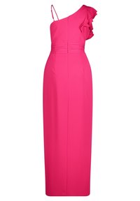 Różowa sukienka na jedno ramię z falbanką, dopasowaną talią i prostą sylwetką. Wykonana z gładkiej tkaniny, z cienkimi ramiączkami.