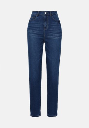 Høyt midjebånd jeans i blå denim med slim fit. Har fem lommer og knappelukking. Jeansen har en jevn tekstur og ensartet fargefordeling.
