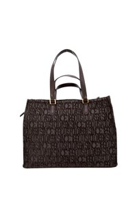 Grande borsa marrone con tessuto a fantasia che mostra il nome del marchio, dotata di due manici, hardware in tonalità oro e chiusura con zip.