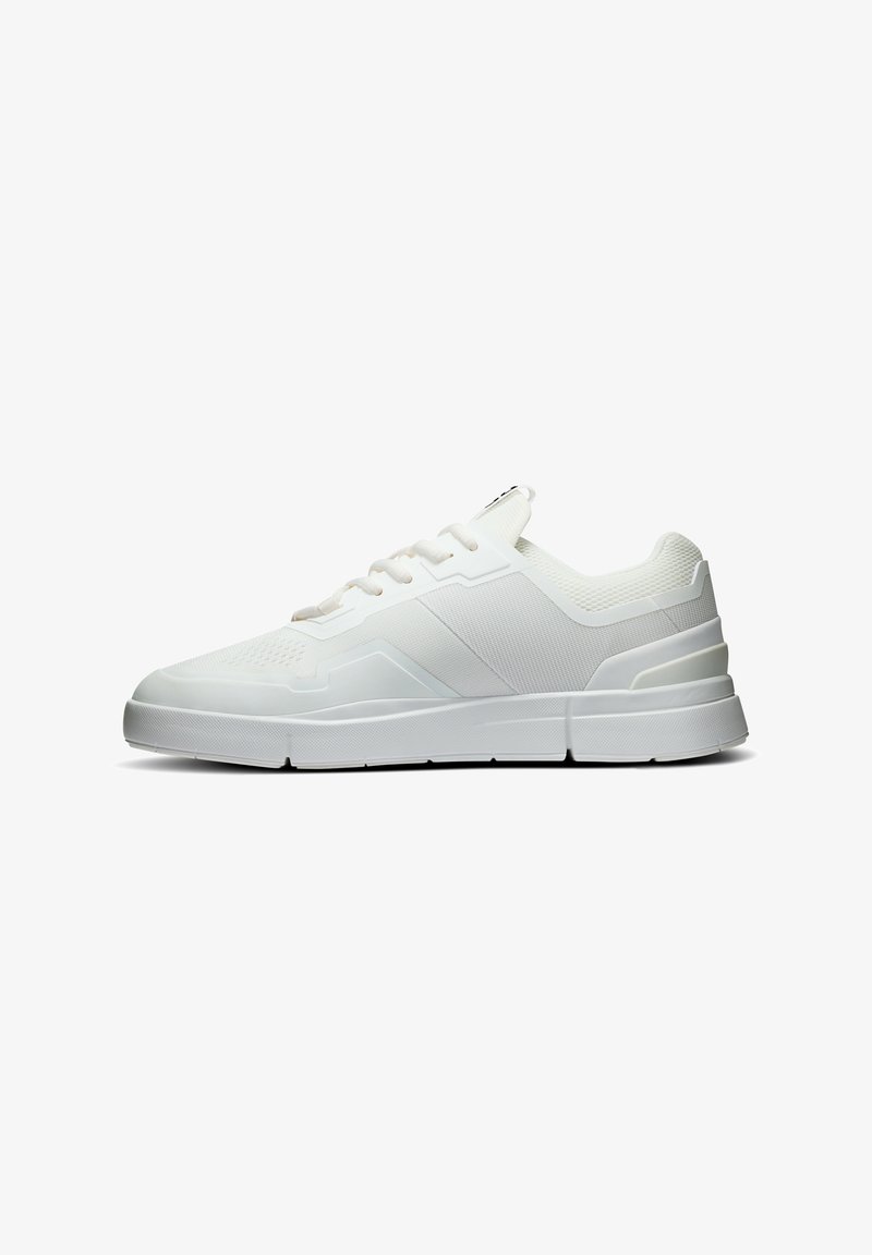 White athletic shoes featuring a sleek design, textured upper, and a cushioned sole. Includes lace-up closure and geometric accents.
