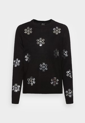 Pull noir à manches longues avec motifs de flocons de neige en sequins argentés dispersés sur le devant, les manches et les épaules, col rond.