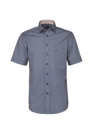 Camicia a maniche corte con bottoni, stampa geometrica piccola, collo a punta e taschino sul petto in blu scuro e bianco.