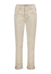 Beige denimjeans med en let tilspidset ben, lynlåslukning og knaplukning. Omslåede manchetter og dobbeltsyede detaljer på lommerne.