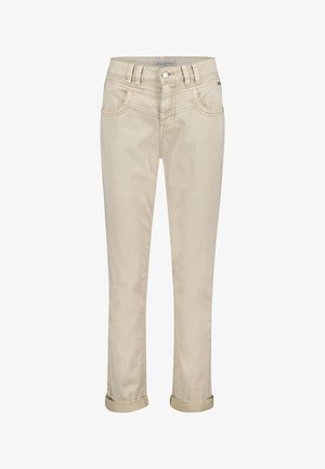 Beige denimjeans med en let tilspidset ben, lynlåslukning og knaplukning. Omslåede manchetter og dobbeltsyede detaljer på lommerne.