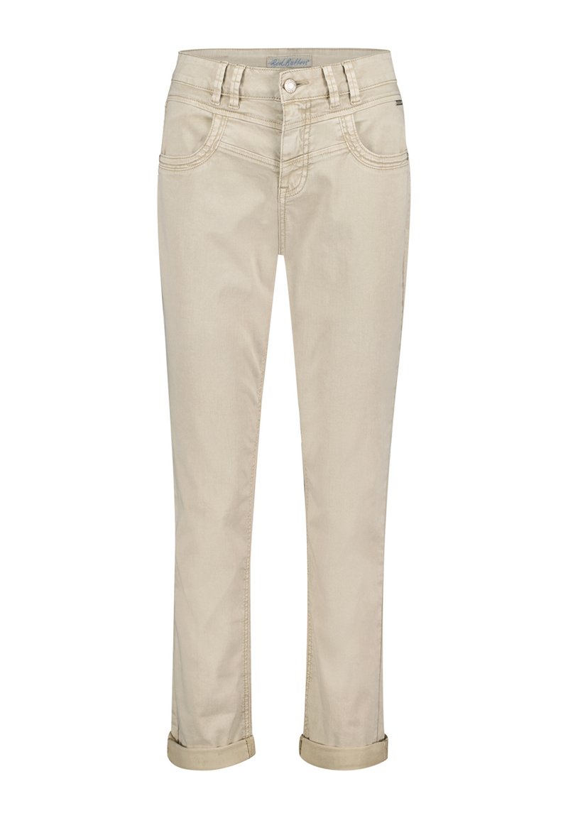 Beige denimjeans med en let tilspidset ben, lynlåslukning og knaplukning. Omslåede manchetter og dobbeltsyede detaljer på lommerne.