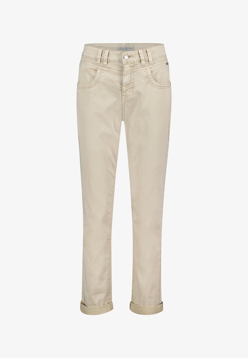 Beige denimjeans med en let tilspidset ben, lynlåslukning og knaplukning. Omslåede manchetter og dobbeltsyede detaljer på lommerne.