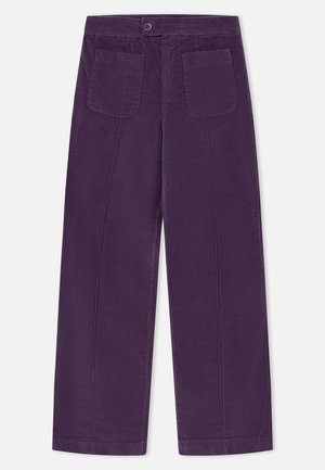 Paarse wijde broekspijpen gemaakt van katoen, met een knoopsluiting, twee opgestikte achterzakken en een gladde textuur met zichtbare stiklijnen.