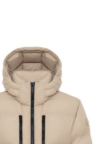 Beige padded puffer jacket with high collar, hood, and three visible black zippers on front against white background.