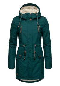 Deep teal parka jacket with a faux fur-lined hood, front pockets, adjustable drawstrings, and brown metal hardware accents.