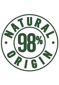 Emblema circolare con testo verde: "NATURALE" sopra "98%" e "ORIGINE" sotto. Sfondo bianco, caratteri in grassetto, design semplice.