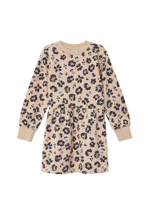 Vestito lungo a maniche lunghe per bambini di colore beige, con vita elastica e motivo floreale con stampa leopardata in nero, rosa e blu.
