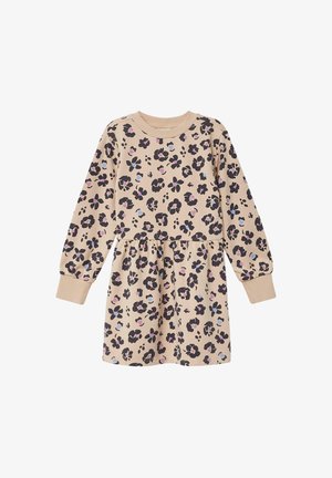Beige Kinderkleid mit langen Ärmeln, elastischem Bund und einem schwarz-, pink- und blaublumigen Leopardenmuster.