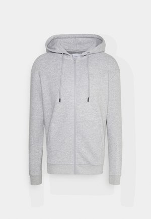 Grå zip-up hoodie med kenguruficka, dragsko i huvan, ribbade ärmslut och nederkant. Mjuk bomullsblandning med en slät textur.