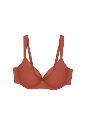 Soutien-gorge couleur rouille avec armatures, doté de bretelles réglables et de bonnets lisses, présentant un petit fermoir à l'avant et des détails en maille près du centre.