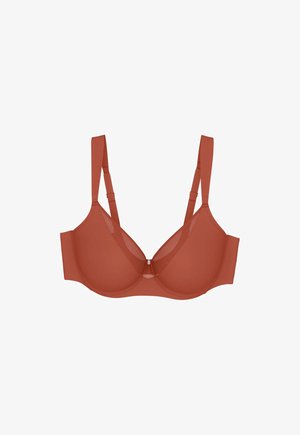 Soutien-gorge couleur rouille avec armatures, doté de bretelles réglables et de bonnets lisses, présentant un petit fermoir à l'avant et des détails en maille près du centre.