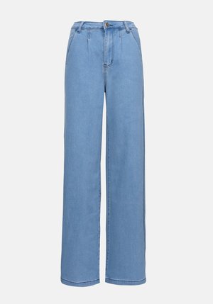 Hellblaue, weit geschnittene Jeans aus Denim, mit klassischem Fünf-Taschen-Design, Knopf- und Reißverschluss sowie sichtbaren Nähten.