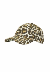 Baseballmütze mit Leopardenmuster in Beige, Braun und Schwarz, mit gebogenem Schirm und gestickten Details auf einem Baumwollstoff.